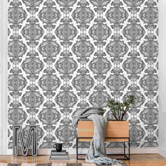 Wanddeko Schlafzimmer Aquarell Barock Muster in Grau