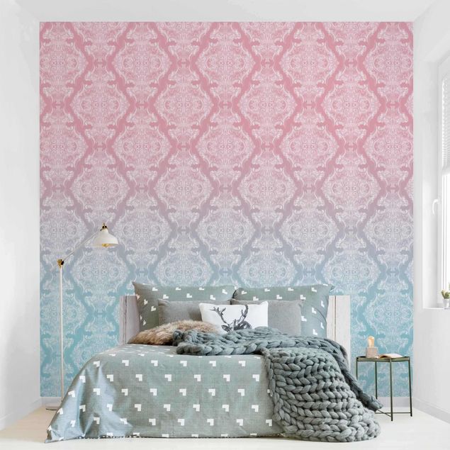 Wanddeko Wohnzimmer Aquarell Barock Muster mit Blau Rosa Verlauf