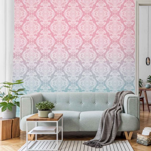 Wanddeko Schlafzimmer Aquarell Barock Muster mit Blau Rosa Verlauf