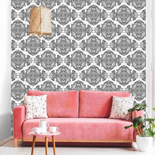 Wanddeko Wohnzimmer Aquarell Barock Muster mit Ornamenten in Grau