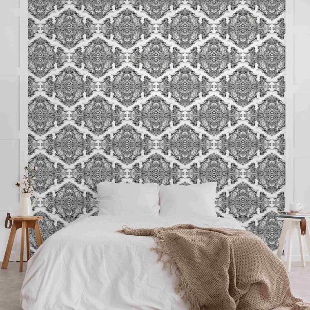 Wanddeko Schlafzimmer Aquarell Barock Muster mit Ornamenten in Grau