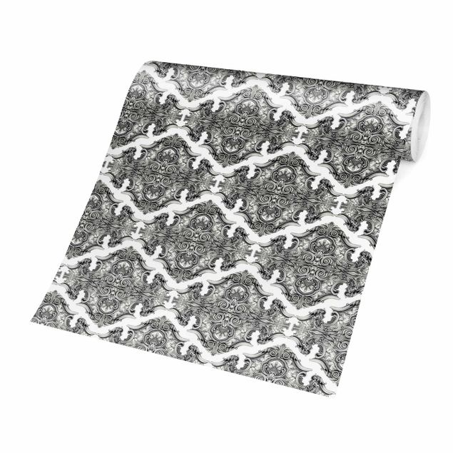 Wanddeko grau Aquarell Barock Muster mit Ornamenten in Grau