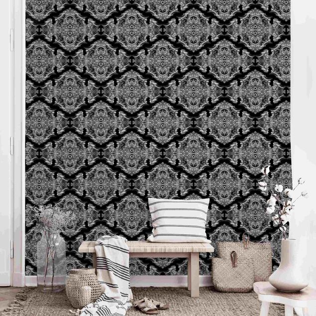 Wanddeko Wohnzimmer Aquarell Barock Muster mit Ornamenten vor Schwarz