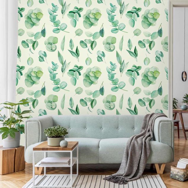 Wanddeko Schlafzimmer Aquarell Eukalyptuszweige und Blätter Muster