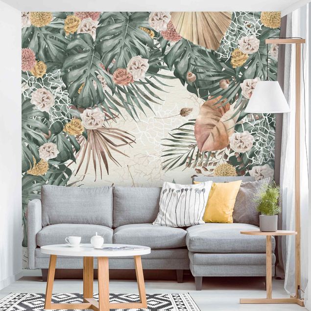 Wanddeko Wohnzimmer Aquarell getrocknete Blumen mit Farne