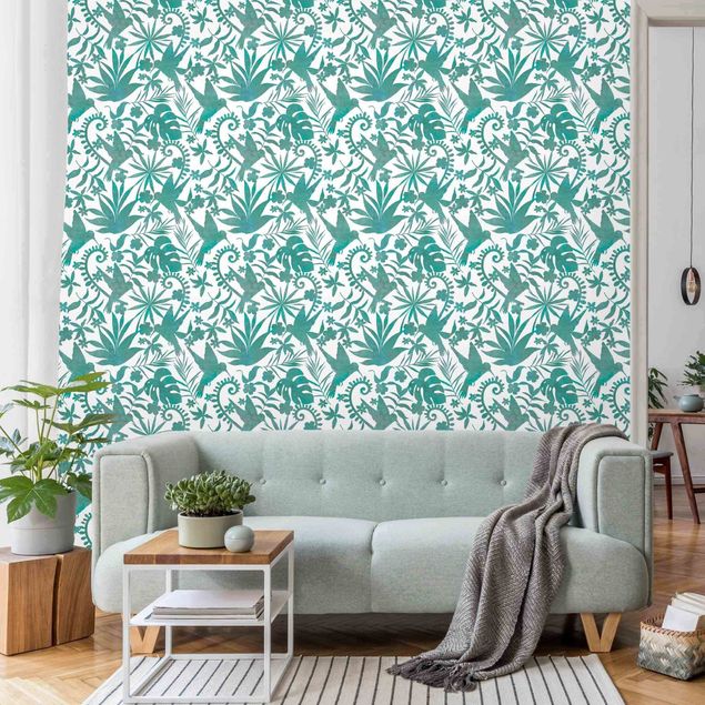 Wanddeko Wohnzimmer Aquarell Kolibri und Pflanzen Silhouetten Muster in Türkis