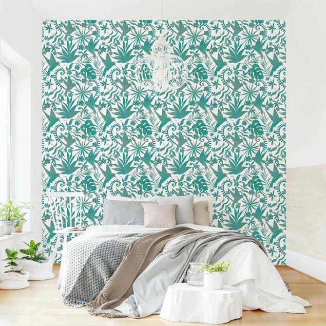 Wanddeko Schlafzimmer Aquarell Kolibri und Pflanzen Silhouetten Muster in Türkis