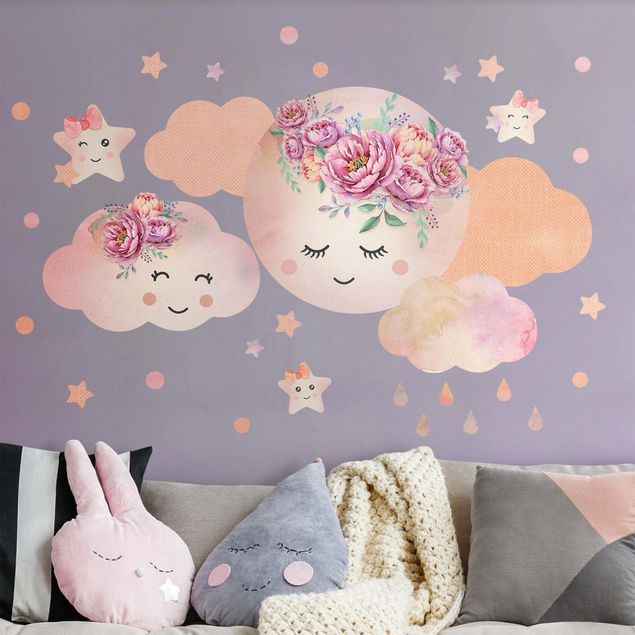 Wanddeko Büro Aquarell Mond Wolken und Sterne mit Rosen