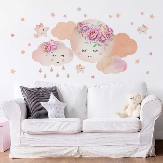 Wanddeko Babyzimmer Aquarell Mond Wolken und Sterne mit Rosen