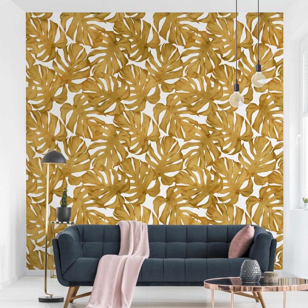 Wanddeko Wohnzimmer Aquarell Monstera Blätter in Gold