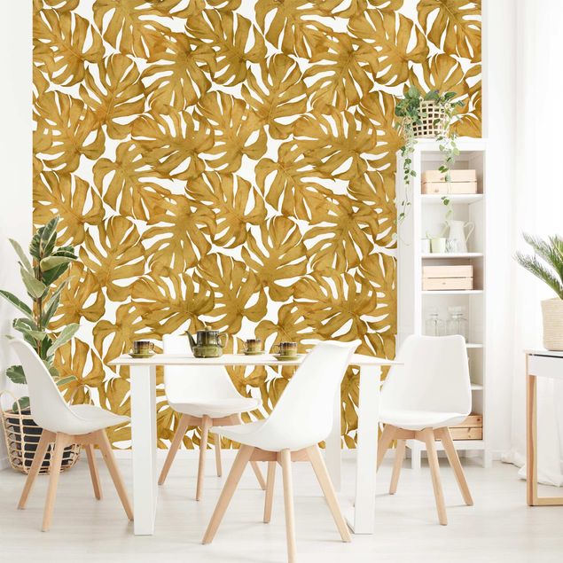 Wanddeko Schlafzimmer Aquarell Monstera Blätter in Gold