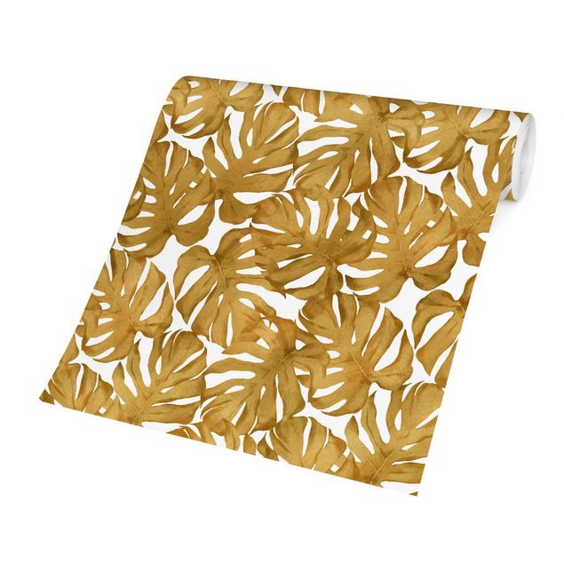 Wanddeko Esszimmer Aquarell Monstera Blätter in Gold
