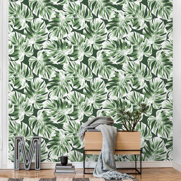 Wanddeko Schlafzimmer Aquarell Monstera Blätter vor Grün