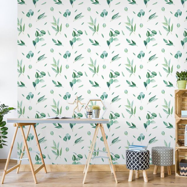 Wanddeko Wohnzimmer Aquarell Muster Blätter und Eukalyptus