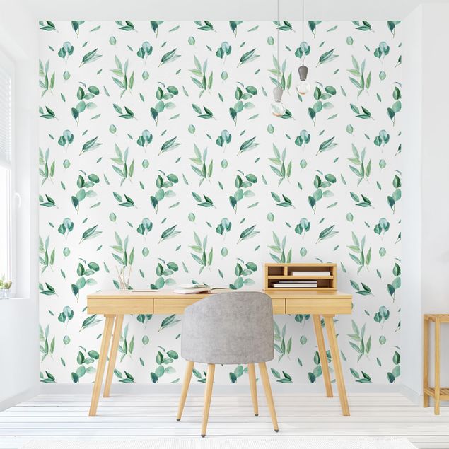 Wanddeko Schlafzimmer Aquarell Muster Blätter und Eukalyptus
