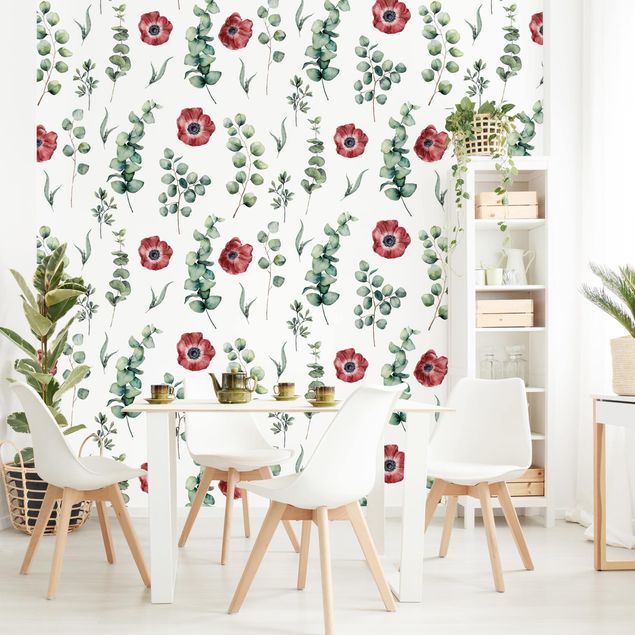 Wanddeko Wohnzimmer Aquarell Muster Eukalyptus und Blüten