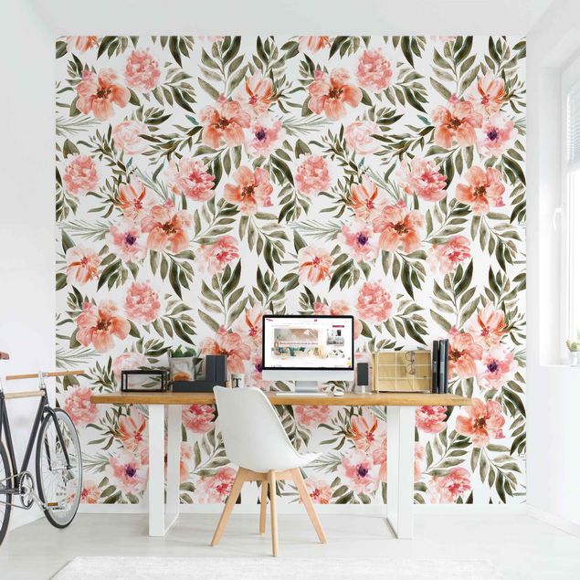 Wanddeko Wohnzimmer Aquarell Rosa Blüten vor Weiß