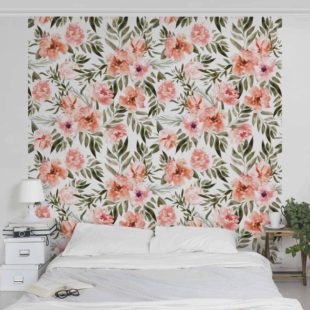 Wanddeko Schlafzimmer Aquarell Rosa Blüten vor Weiß