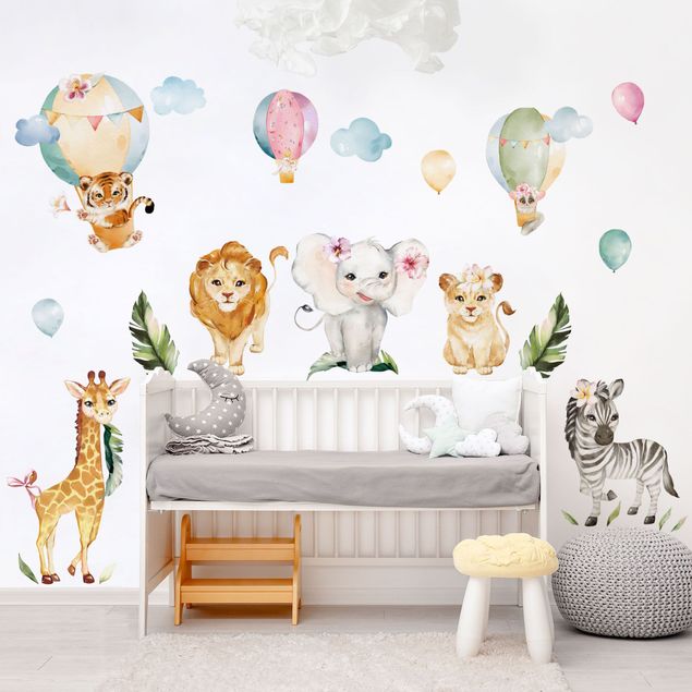 Wanddeko Babyzimmer Aquarell Safari Ballon Tiere Set