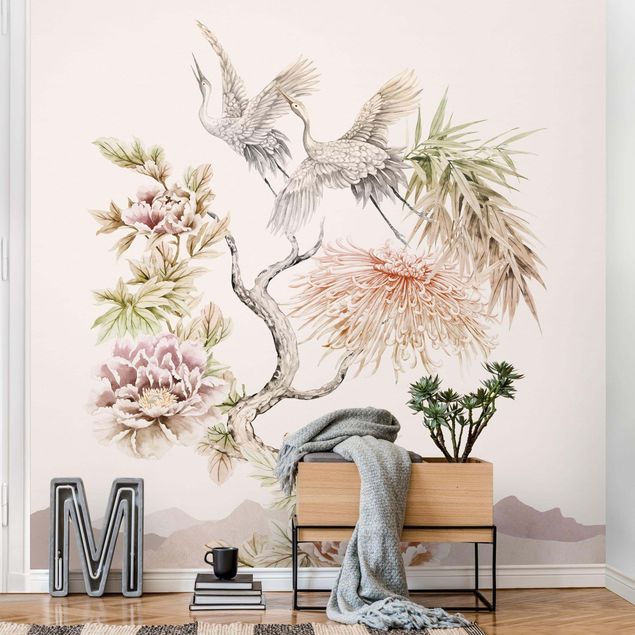 Wanddeko Wohnzimmer Aquarell Störche im Flug mit Blumen