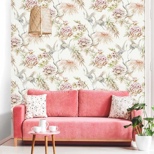 Wanddeko Wohnzimmer Aquarell Vögel mit großen Blüten