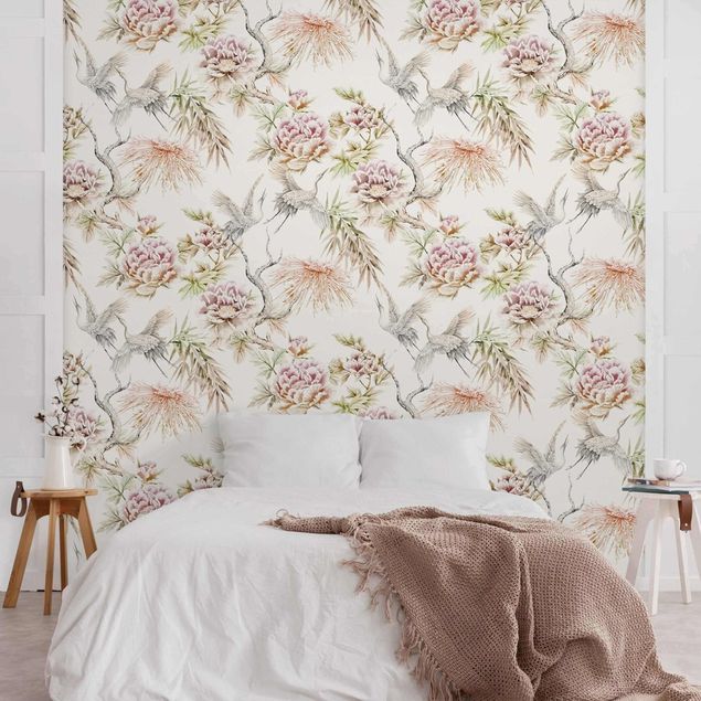 Wanddeko Schlafzimmer Aquarell Vögel mit großen Blüten