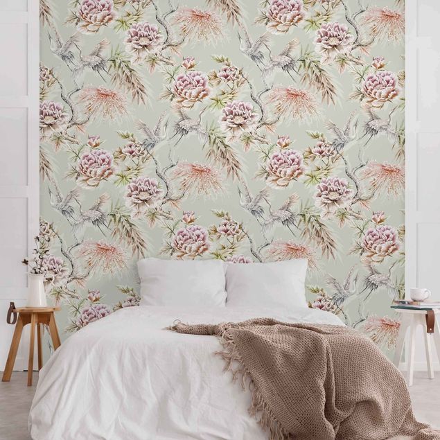 Wanddeko Wohnzimmer Aquarell Vögel mit großen Blüten vor Mint