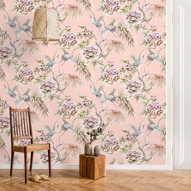 Wanddeko Wohnzimmer Aquarell Vögel mit großen Blüten vor Rosa