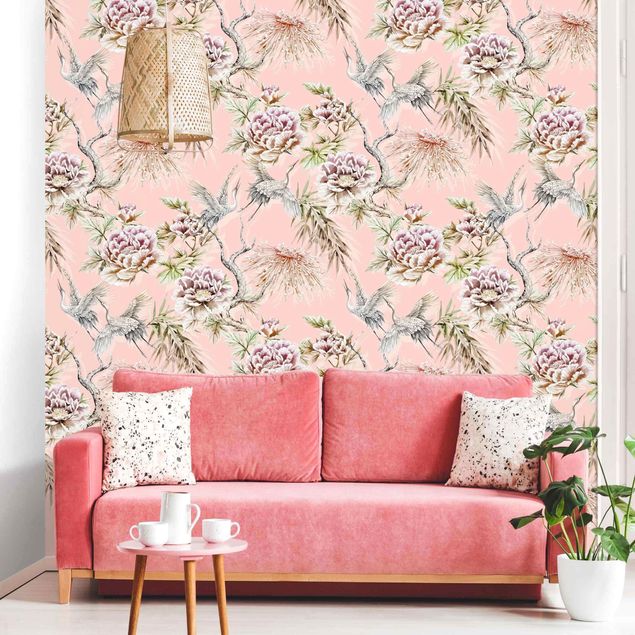 Wanddeko Schlafzimmer Aquarell Vögel mit großen Blüten vor Rosa