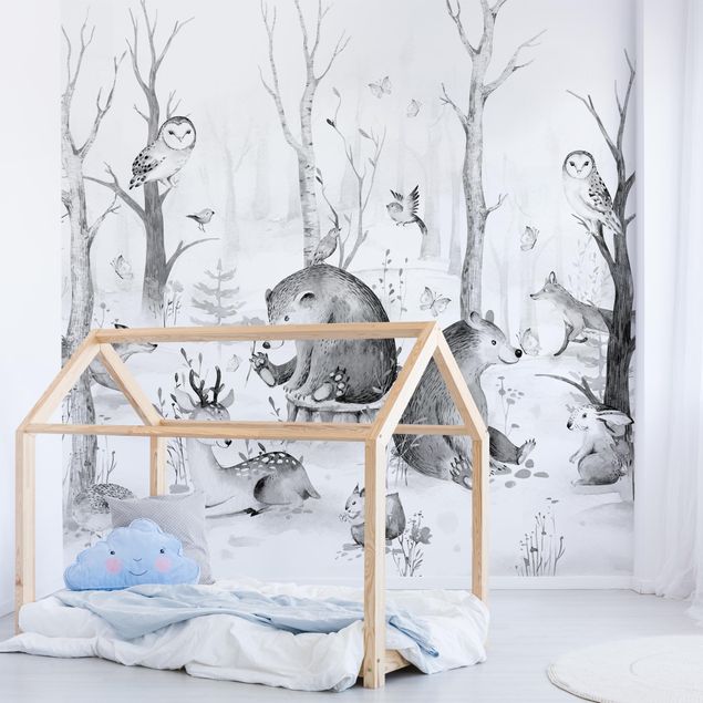 Wanddeko Babyzimmer Aquarell Waldtierfreunde Schwarz Weiß