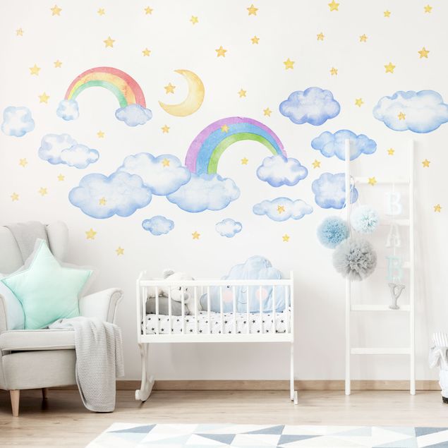 Wanddeko Babyzimmer Aquarell Wolken Regenbogen Sterne Set