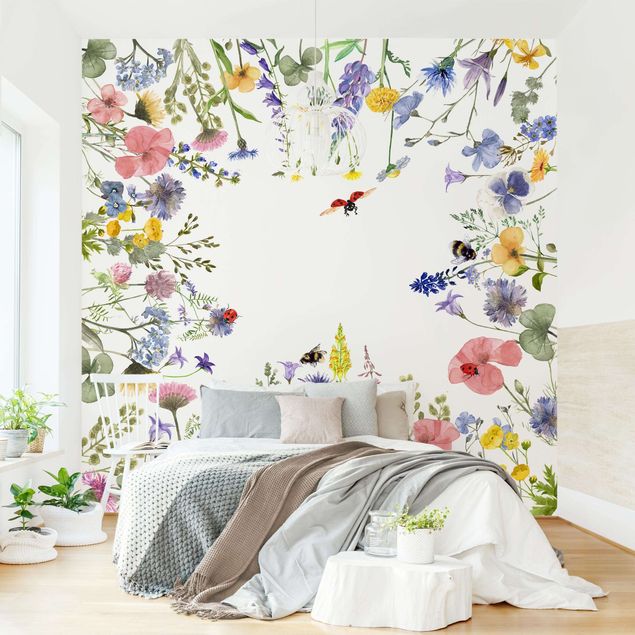 Wanddeko Wohnzimmer Aquarellierte Blumen mit Marienkäfern