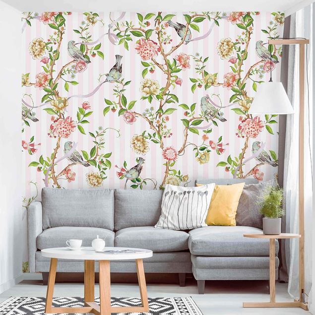 Wanddeko Esszimmer Aquarellierte Blumenranken mit Vögeln
