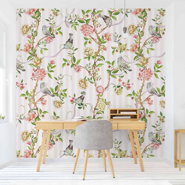 Wanddeko Schlafzimmer Aquarellierte Blumenranken mit Vögeln