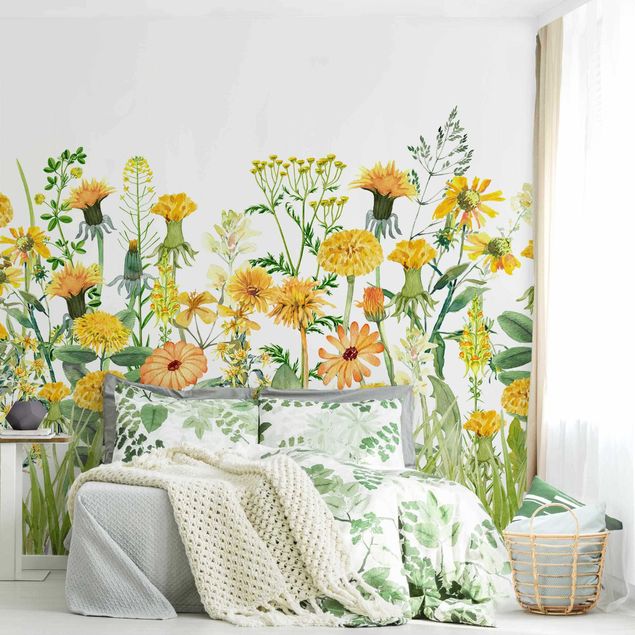 Wanddeko Wohnzimmer Aquarellierte Blumenwiese in Gelb