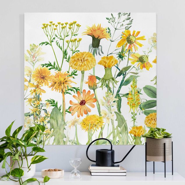 Wanddeko Wohnzimmer Aquarellierte Blumenwiese in Gelb