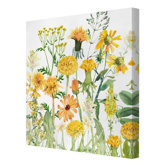 Wanddeko über Sofa Aquarellierte Blumenwiese in Gelb