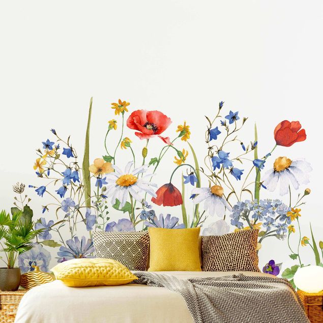 Wanddeko Wohnzimmer Aquarellierte Blumenwiese mit Mohn
