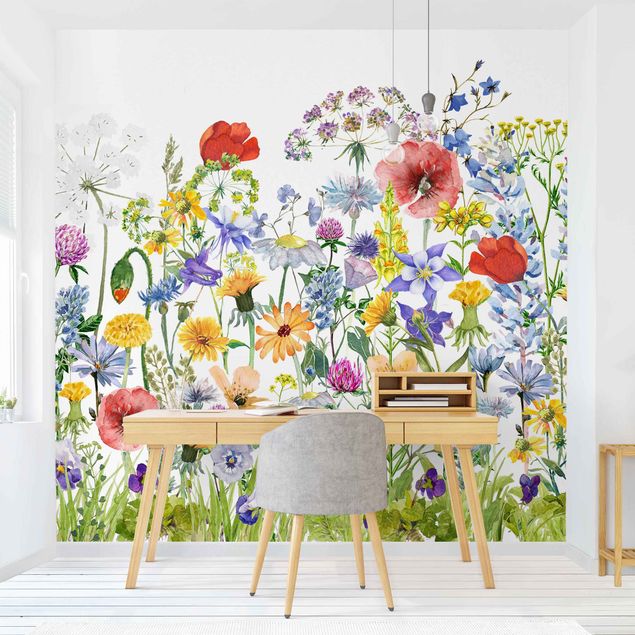 Wanddeko Wohnzimmer Aquarellierte Blumenwiese