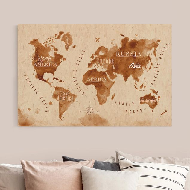 Wanddeko Wohnzimmer Aquarelloptik Weltkarte beige braun