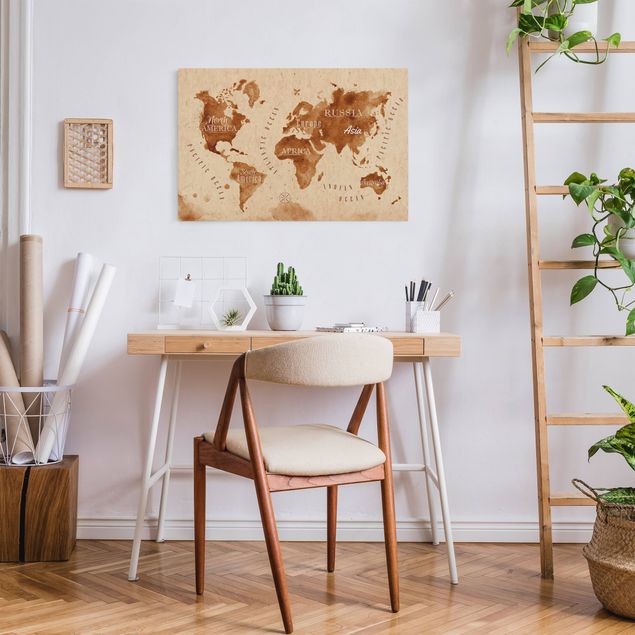Wanddeko über Sofa Aquarelloptik Weltkarte beige braun