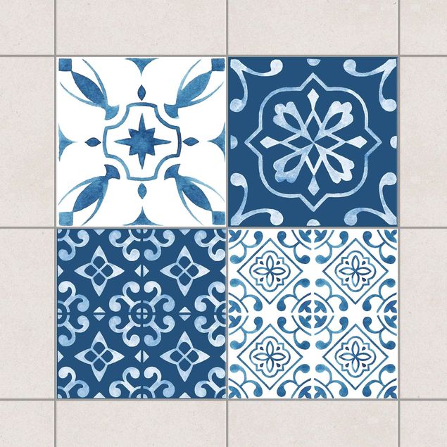 Wanddeko Küche Aquarell Muster Blau Weiß No.1
