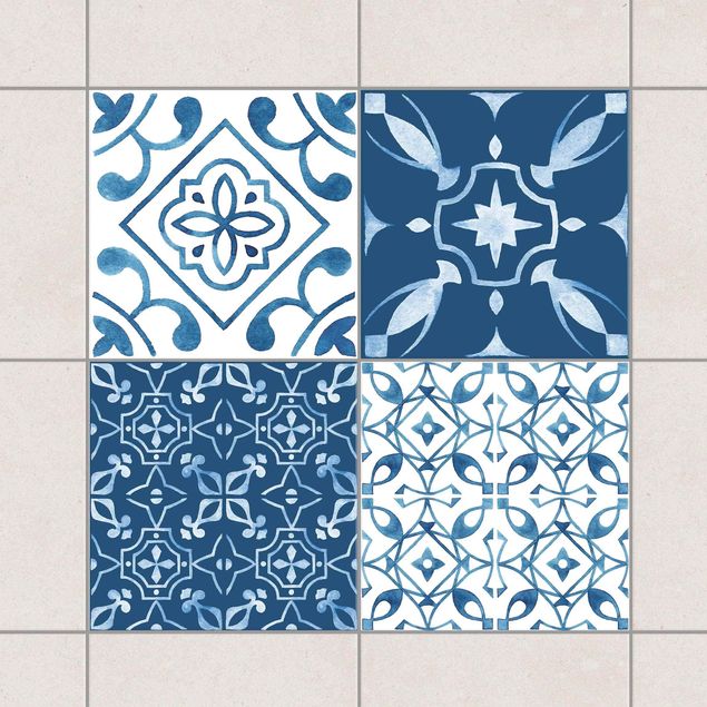 Wanddeko Küche Aquarell Muster Blau Weiß No.2
