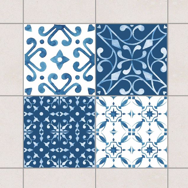 Wanddeko Küche Aquarell Muster Blau Weiß No.3