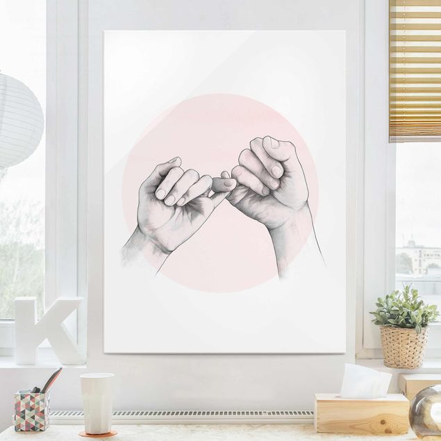 Wanddeko über Sofa Illustration Hände Freundschaft Kreis Rosa Weiß