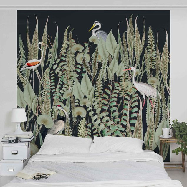 Wanddeko Schlafzimmer Flamingo und Storch mit Pflanzen auf Grün