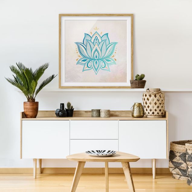 Wanddeko Flur Lotus Illustration Mandala gold blau