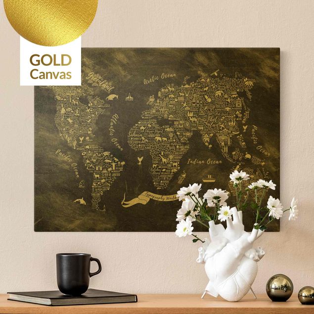 Wanddeko gold Kreide Typografie Weltkarte