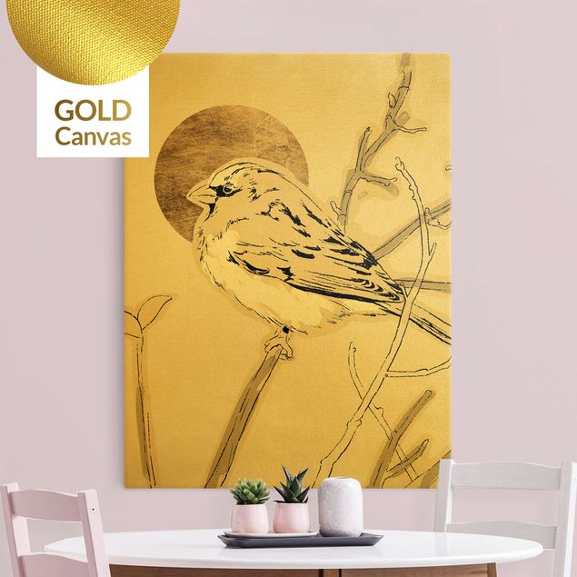 Wanddeko gold Vogel vor goldener Sonne IV