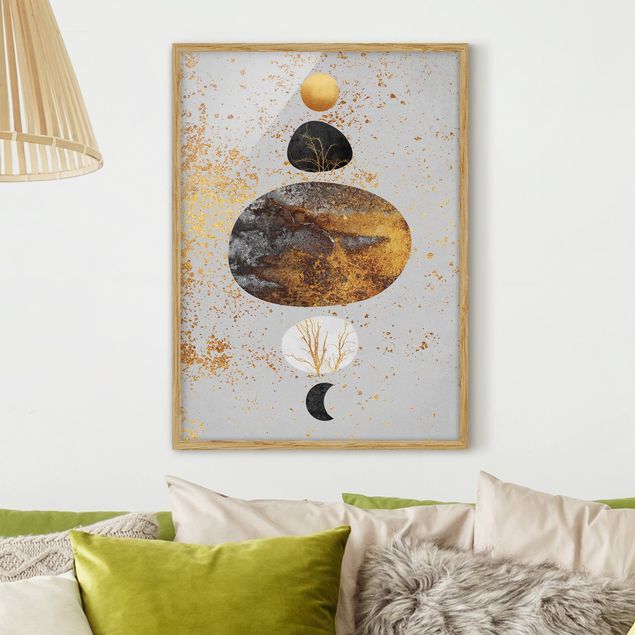 Wanddeko Wohnzimmer Sonne und Mond in Goldglanz
